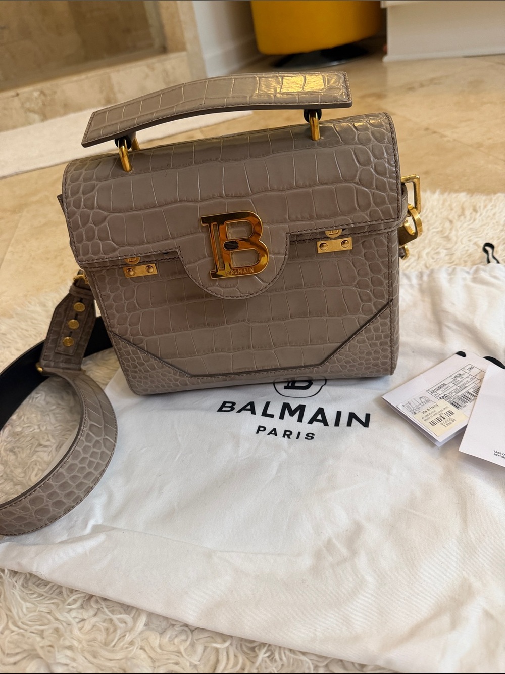 Balmain Taupe Croc-Embossed Leather Crossbody with Gold B Accent